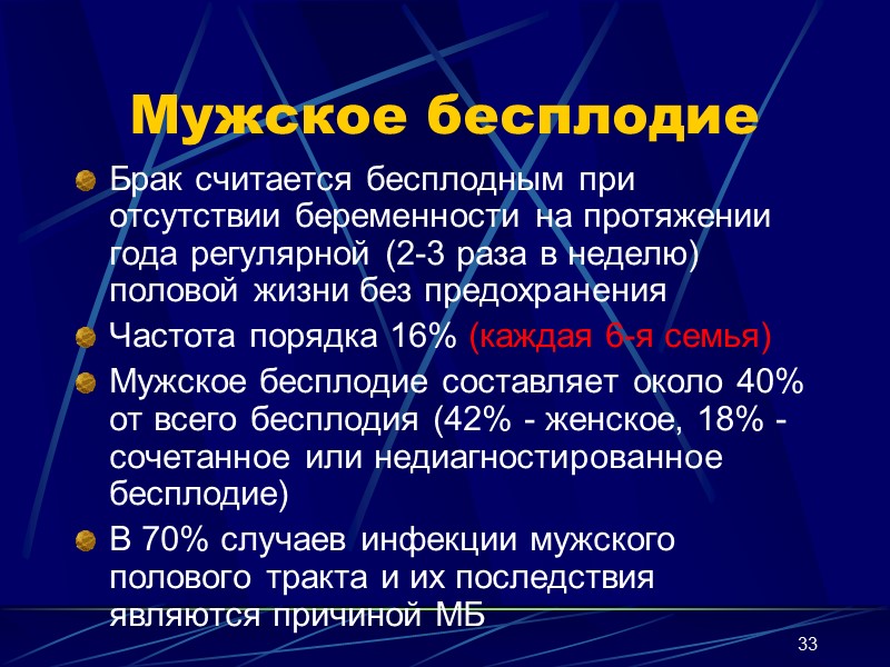 33 Мужское бесплодие Брак считается бесплодным при отсутствии беременности на протяжении года регулярной (2-3